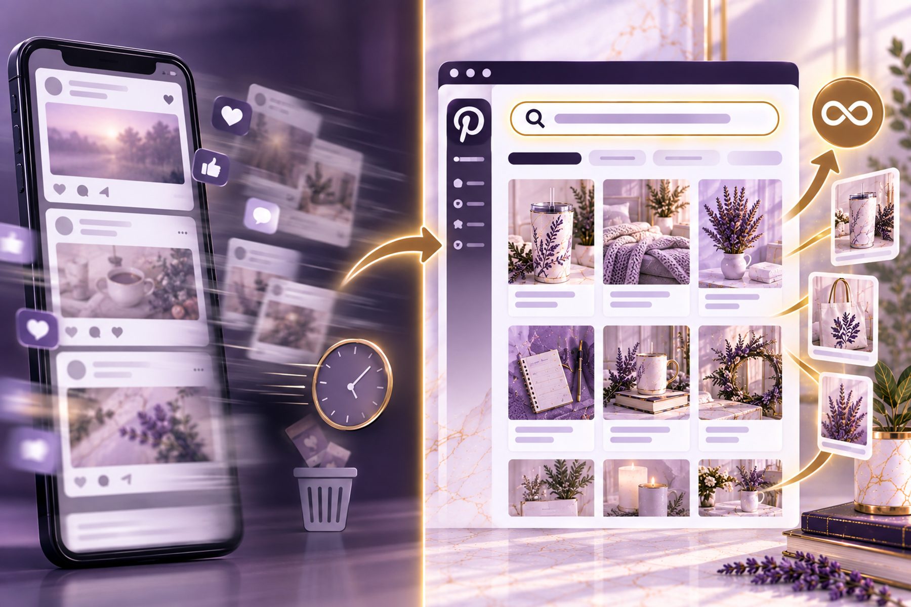 A social media feed fading out next to a Pinterest board that keeps sending visitors