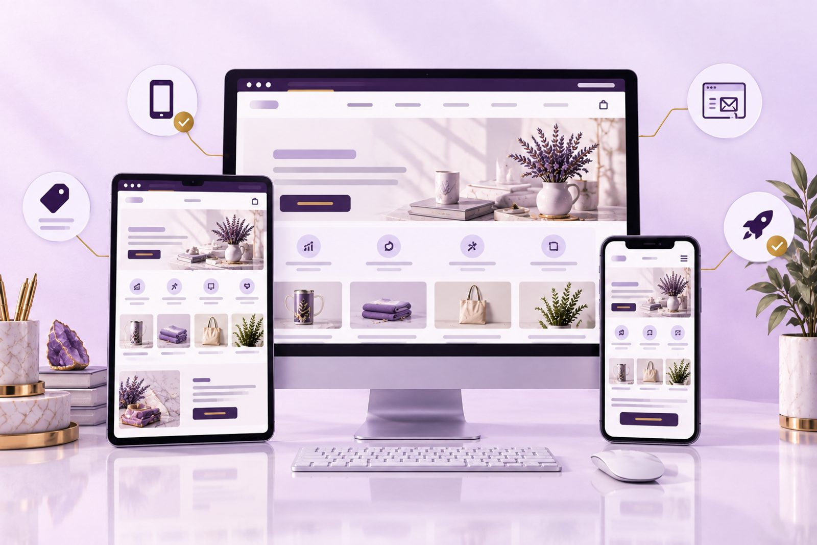 One website shown on a desktop monitor, a tablet and a phone